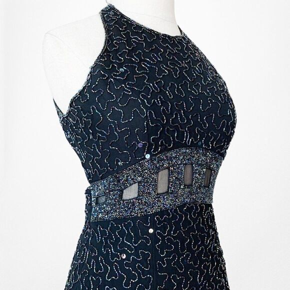 Vintage Black Cutout Beaded Silk Side Slit Maxi Bodycon Formal Dress Size XS/S - Picture 6 of 8